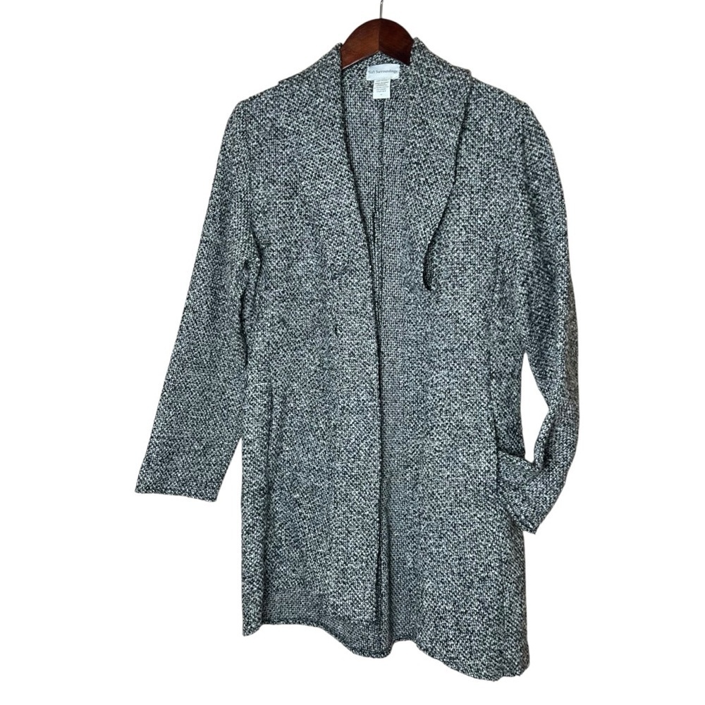 SOFT SURROUNDINGS Wool Blend Tweed Open Front Cardigan Sweater Gray Sz M Pockets